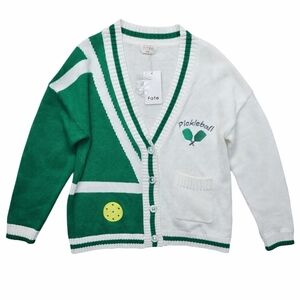 Fate Pickleball Embroidered Cardigan Sweater Size Small Green White Button Front